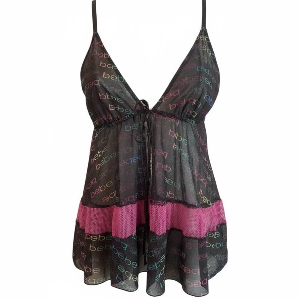 Y2K Bebe Babydoll Cami Tank Top See Thru Black‎ Lace Whimsigoth Fairy Grunge 90s
